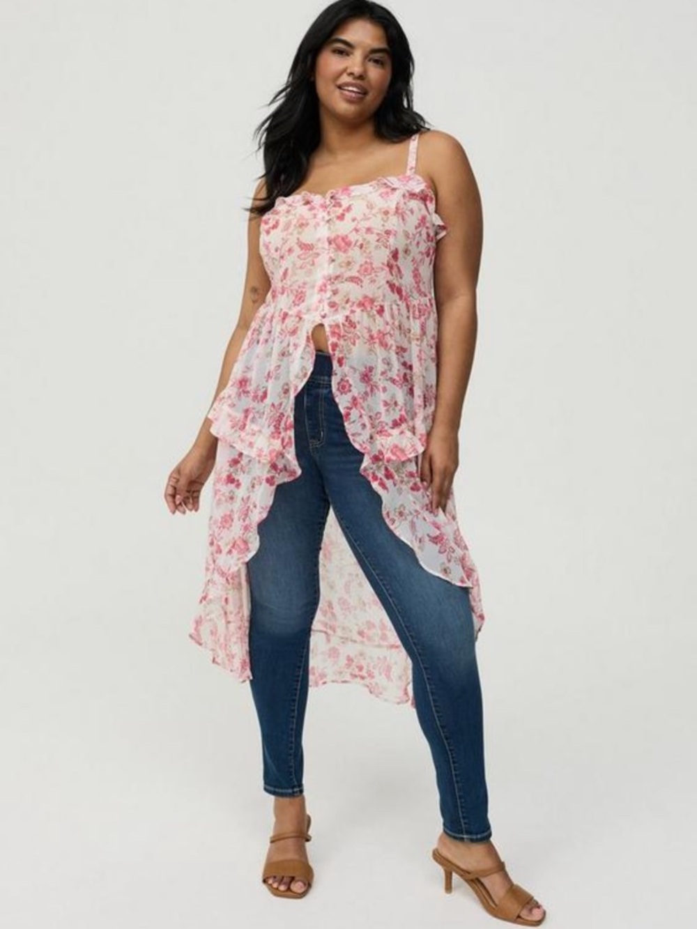 Pink Floral High-Low Ruffled Tank Top